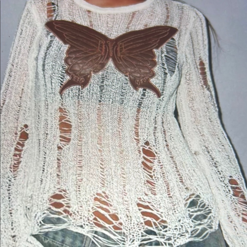 Sheer Open-Knit Crew Sweater with Brown Butterfly Applique - White